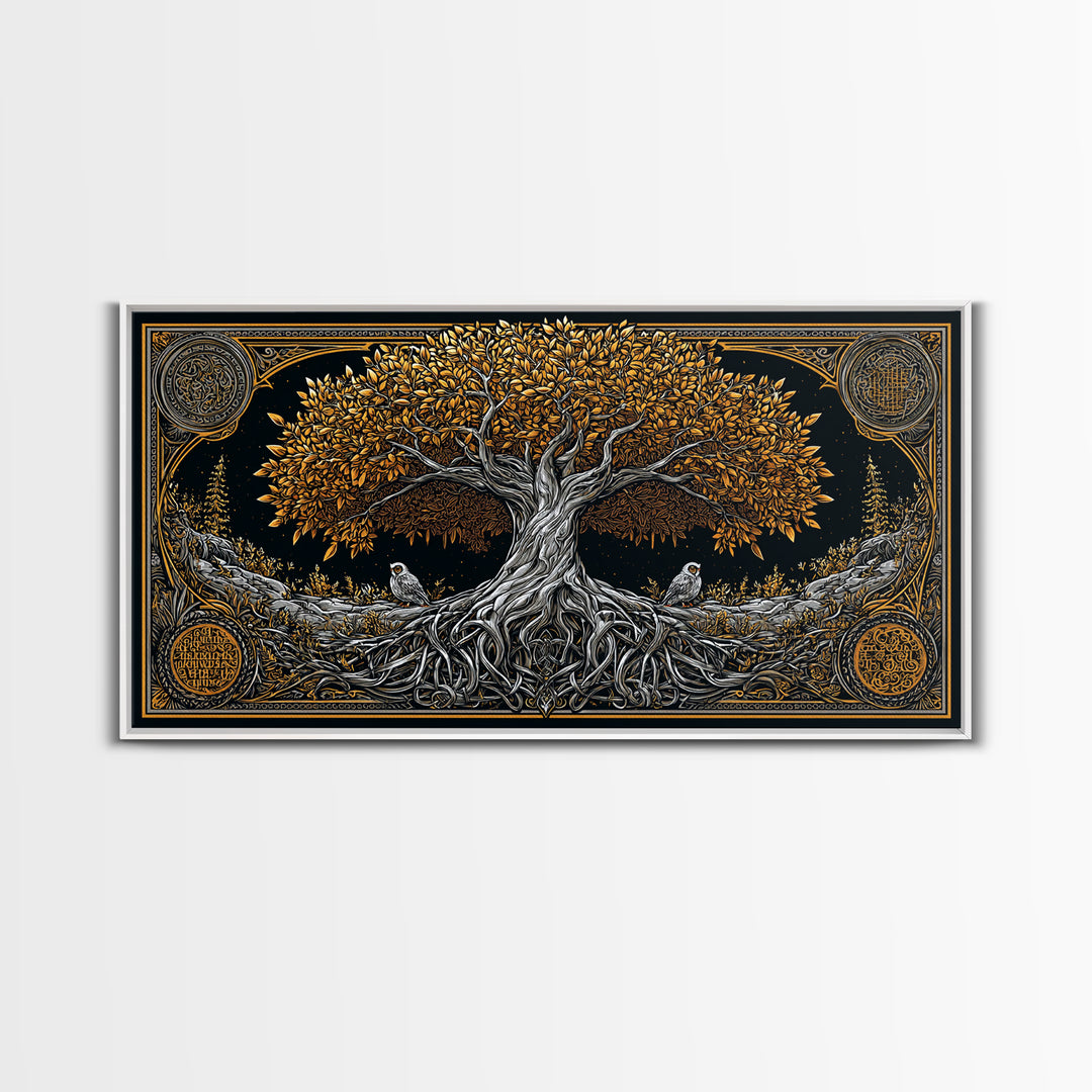 Gold Ancient Tree Design with Owls, Ornate Border, Wood Framed Map Wall Art for Classic and Nature-Inspired Spaces
