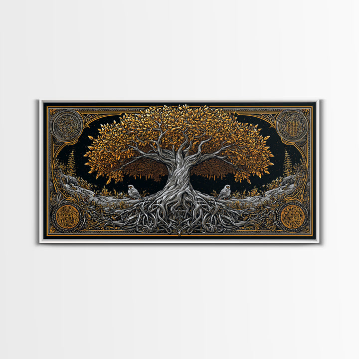 Gold Ancient Tree Design with Owls, Ornate Border, Wood Framed Map Wall Art for Classic and Nature-Inspired Spaces