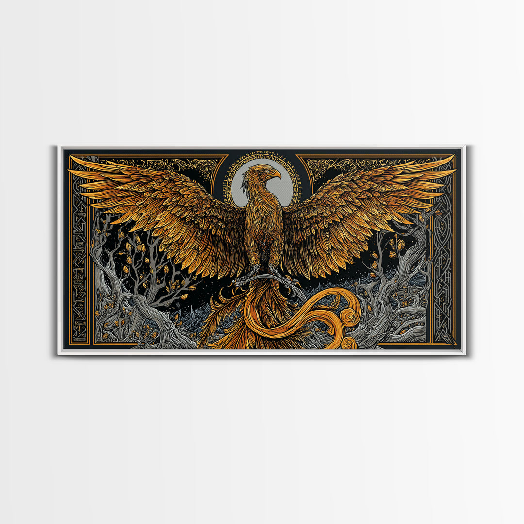 Gold Phoenix Rising Illustration, Majestic Wings, Wood Framed Map Wall Décor for Myth and Fantasy Art Lovers