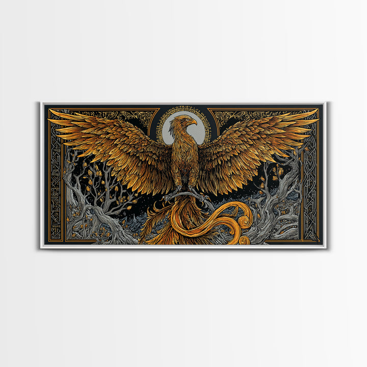 Gold Phoenix Rising Illustration, Majestic Wings, Wood Framed Map Wall Décor for Myth and Fantasy Art Lovers