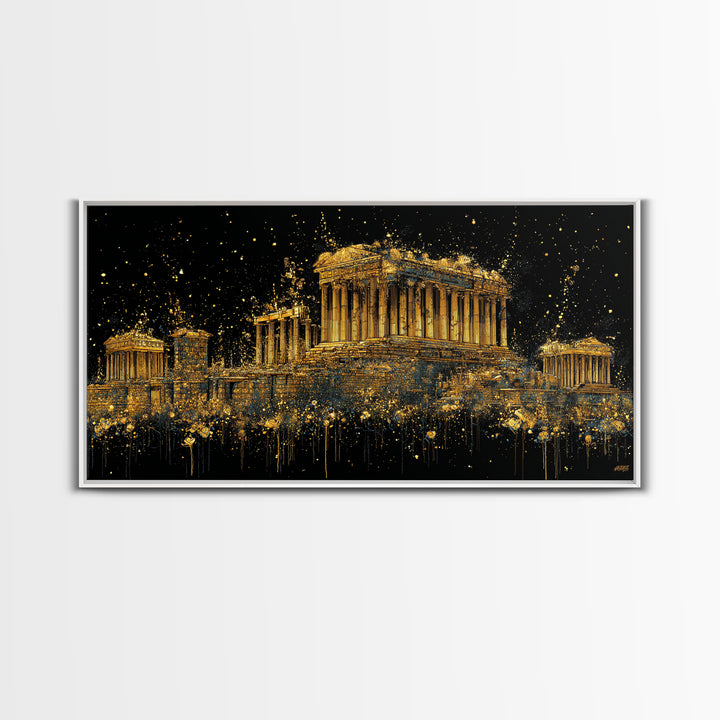 Gold Parthenon Greece Architecture Print, Splatter Art Style, Wood Framed Map Wall Art for Travel and History Fans