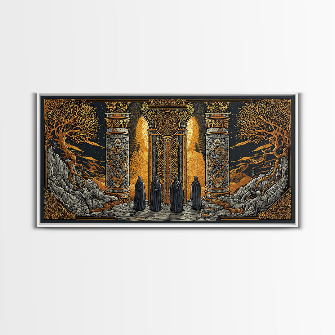Gold Fantasy Portal Artwork, Glowing Pillars and Trees, Wood Framed Map Wall Décor for Magical and Epic Settings