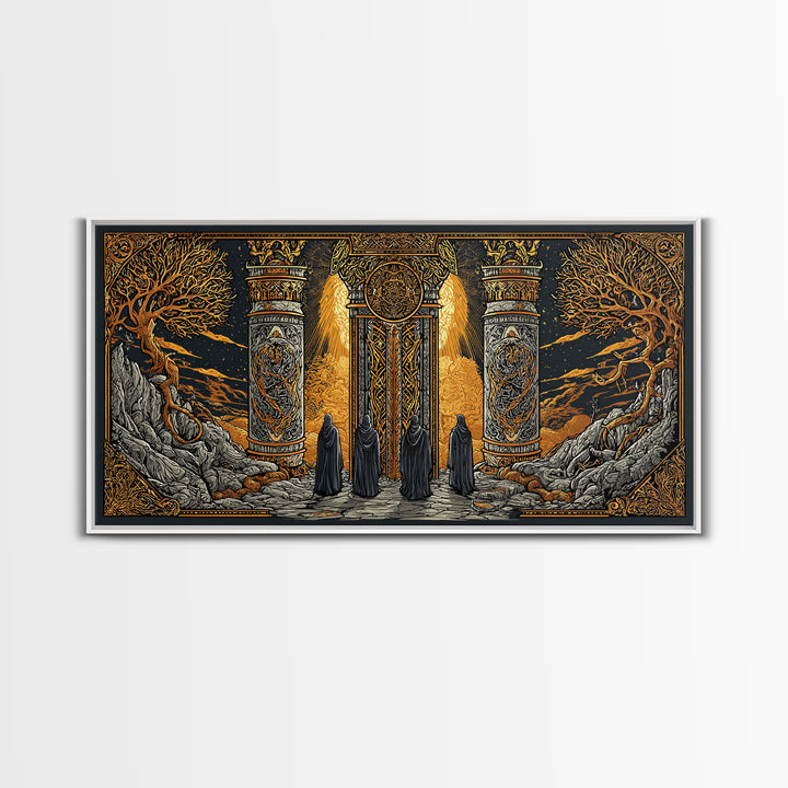 Gold Fantasy Portal Artwork, Glowing Pillars and Trees, Wood Framed Map Wall Décor for Magical and Epic Settings
