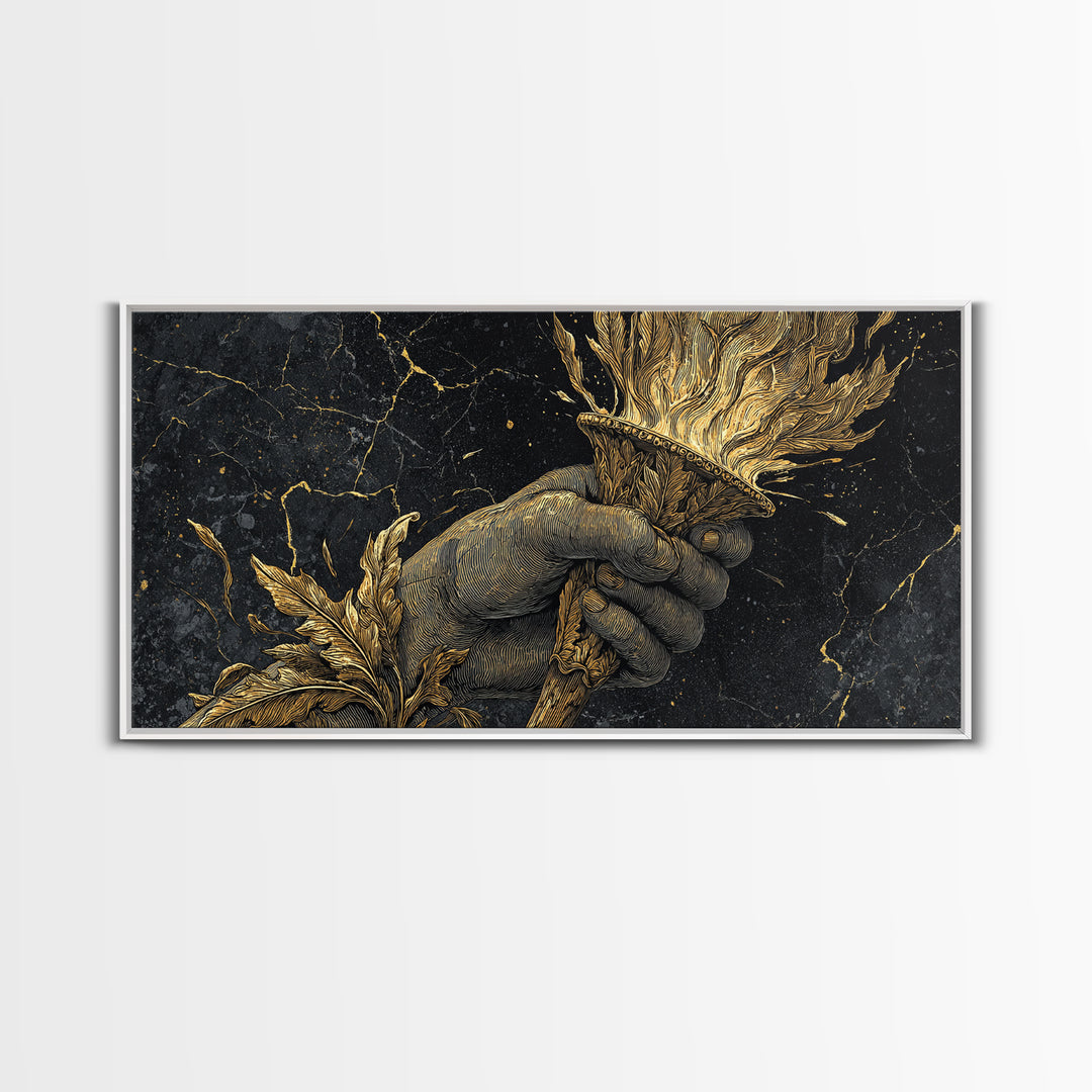 Gold Torch of Triumph Print, Detailed Hand and Flame, Wood Framed Map Wall Décor for Victory and Inspiration Themes