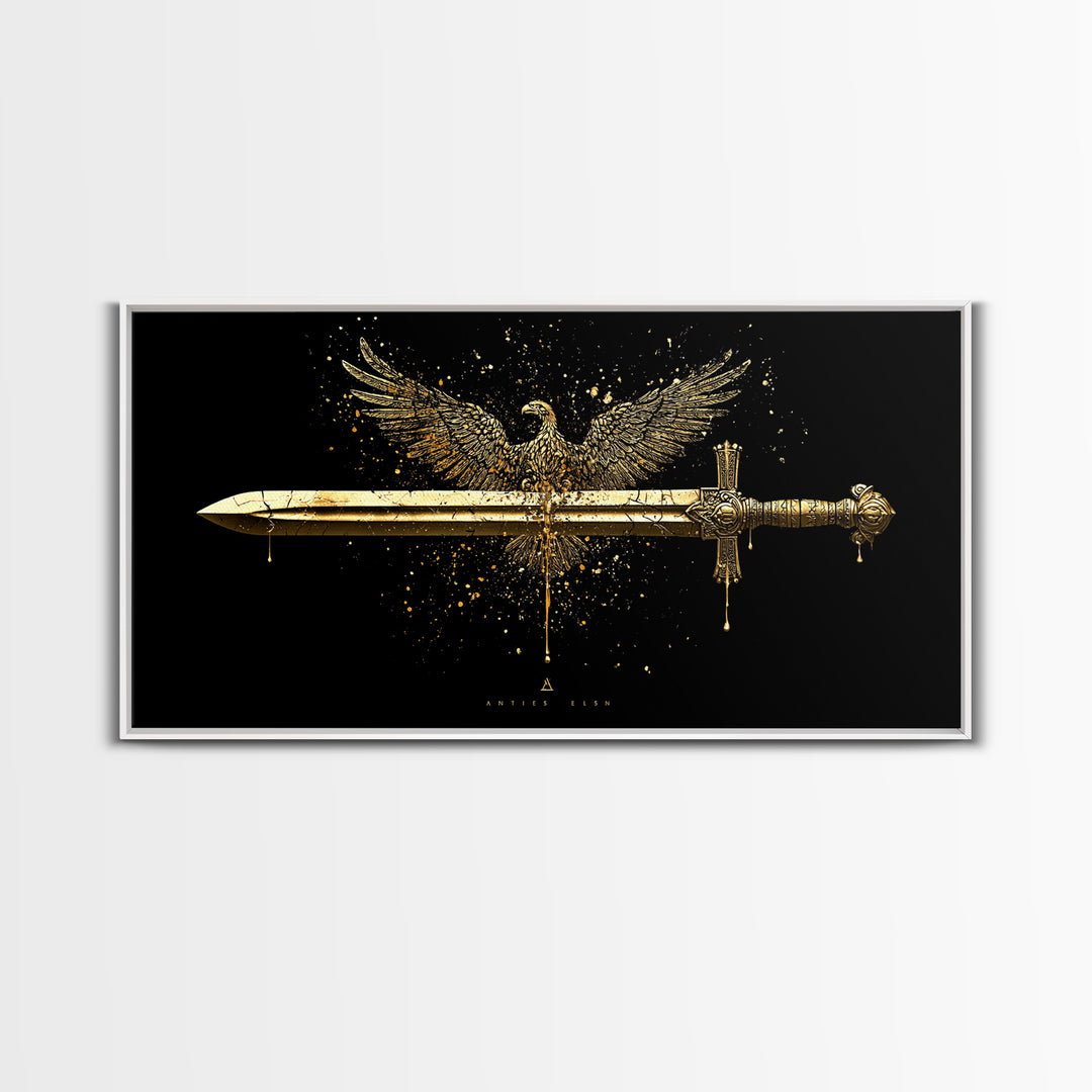 Gold Eagle and Sword Artwork, Splatter Effect Style, Wood Framed Map Wall Art for Power and Freedom Symbolism