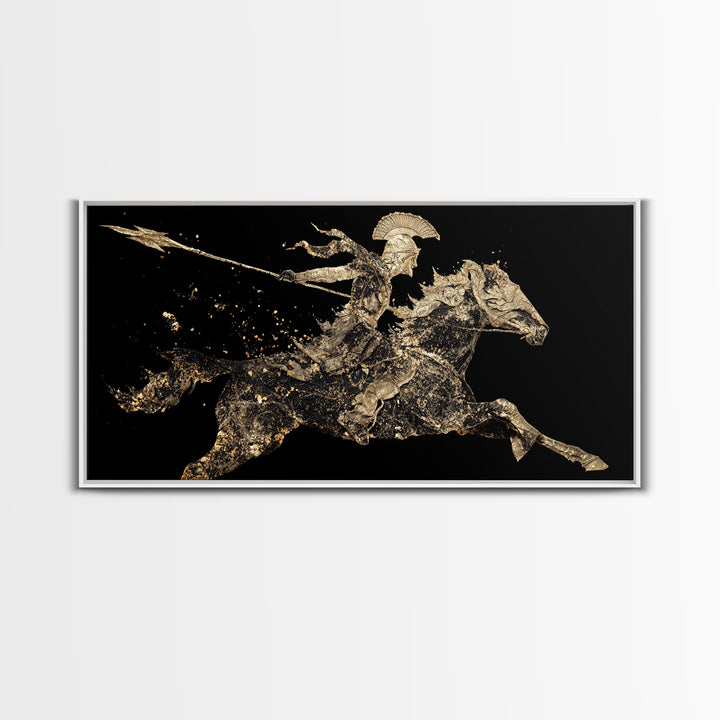Gold Canvas Art Spartan Rider Silhouette, Splatter Effect Spear Charge, Wood Framed Map Wall Décor, Historical and Warrior-Themed Spaces