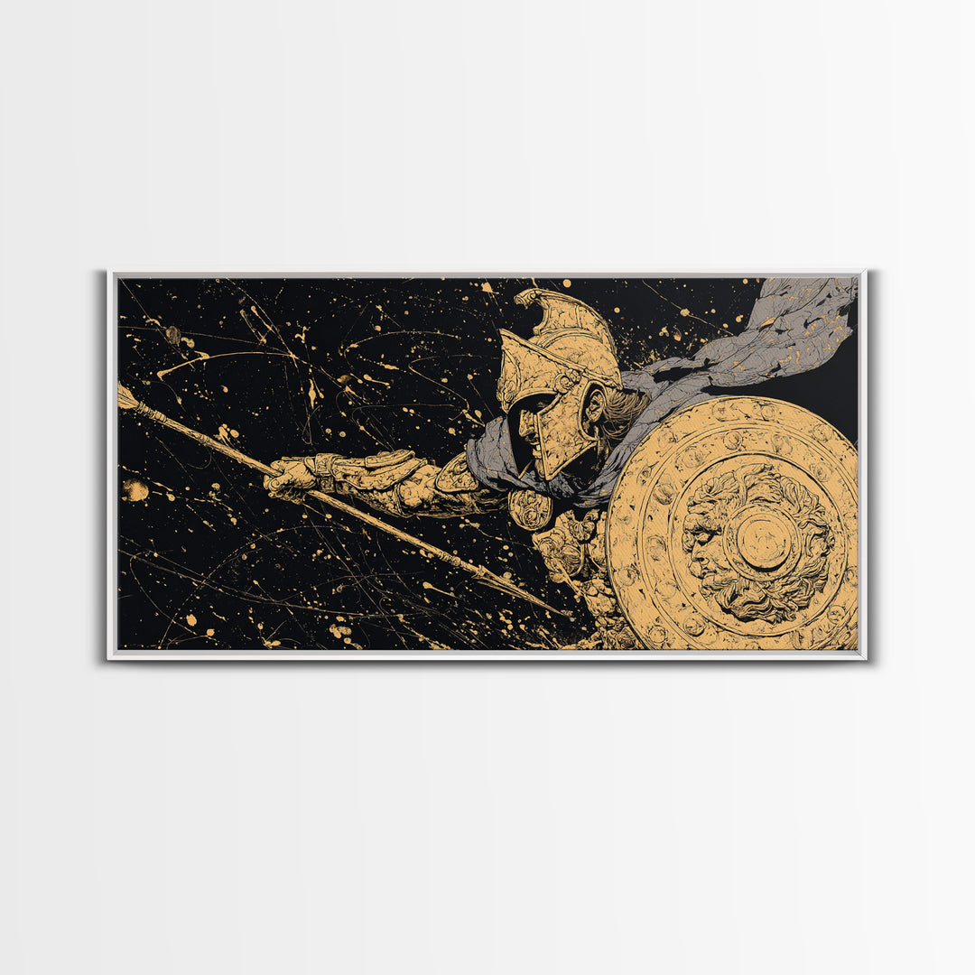 Gold Canvas Print Spartan Soldier with Shield and Spear, Splatter Background, Wood Framed Map Wall Art for Ancient Greece Enthusiasts