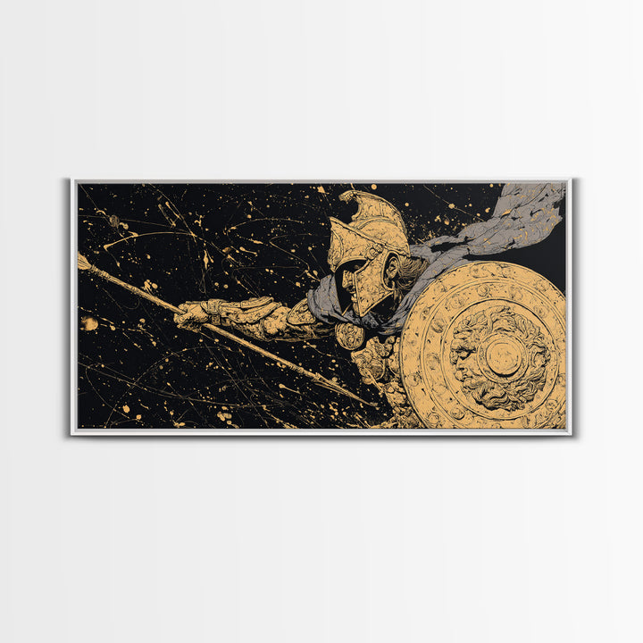 Gold Canvas Print Spartan Soldier with Shield and Spear, Splatter Background, Wood Framed Map Wall Art for Ancient Greece Enthusiasts