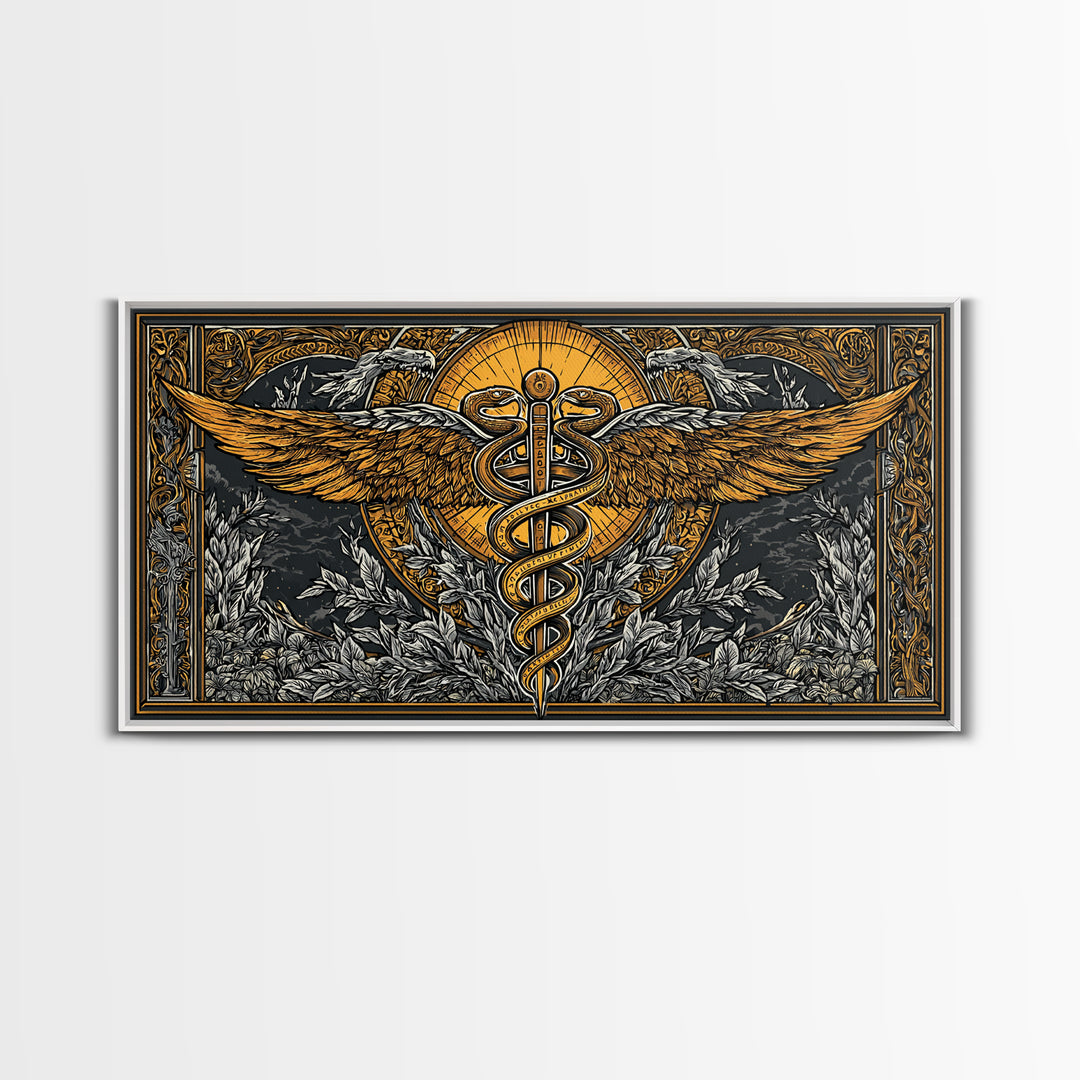 Gold Canvas Art Caduceus Symbol with Wings and Serpents, Ornate Frame, Wood Framed Map Wall Décor for Medical and Healing Symbolism Fans