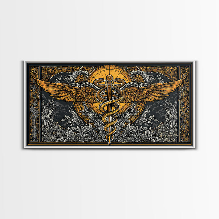 Gold Canvas Art Caduceus Symbol with Wings and Serpents, Ornate Frame, Wood Framed Map Wall Décor for Medical and Healing Symbolism Fans