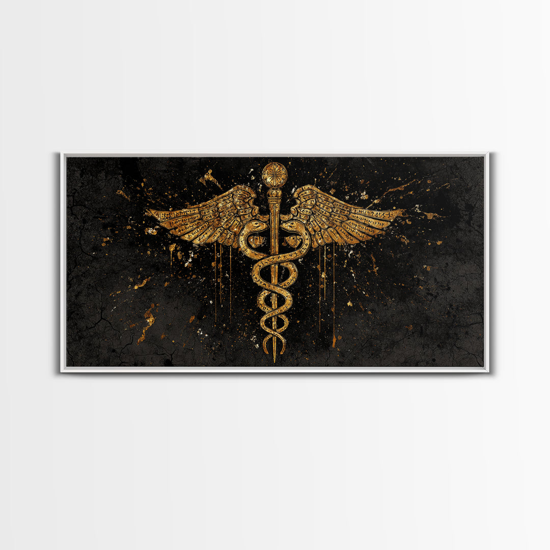 Gold Canvas Print Caduceus Splatter Effect Design, Ancient Script Wings, Wood Framed Map Wall Art for Medicine and Healing Iconography