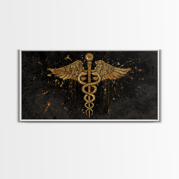 Gold Canvas Print Caduceus Splatter Effect Design, Ancient Script Wings, Wood Framed Map Wall Art for Medicine and Healing Iconography