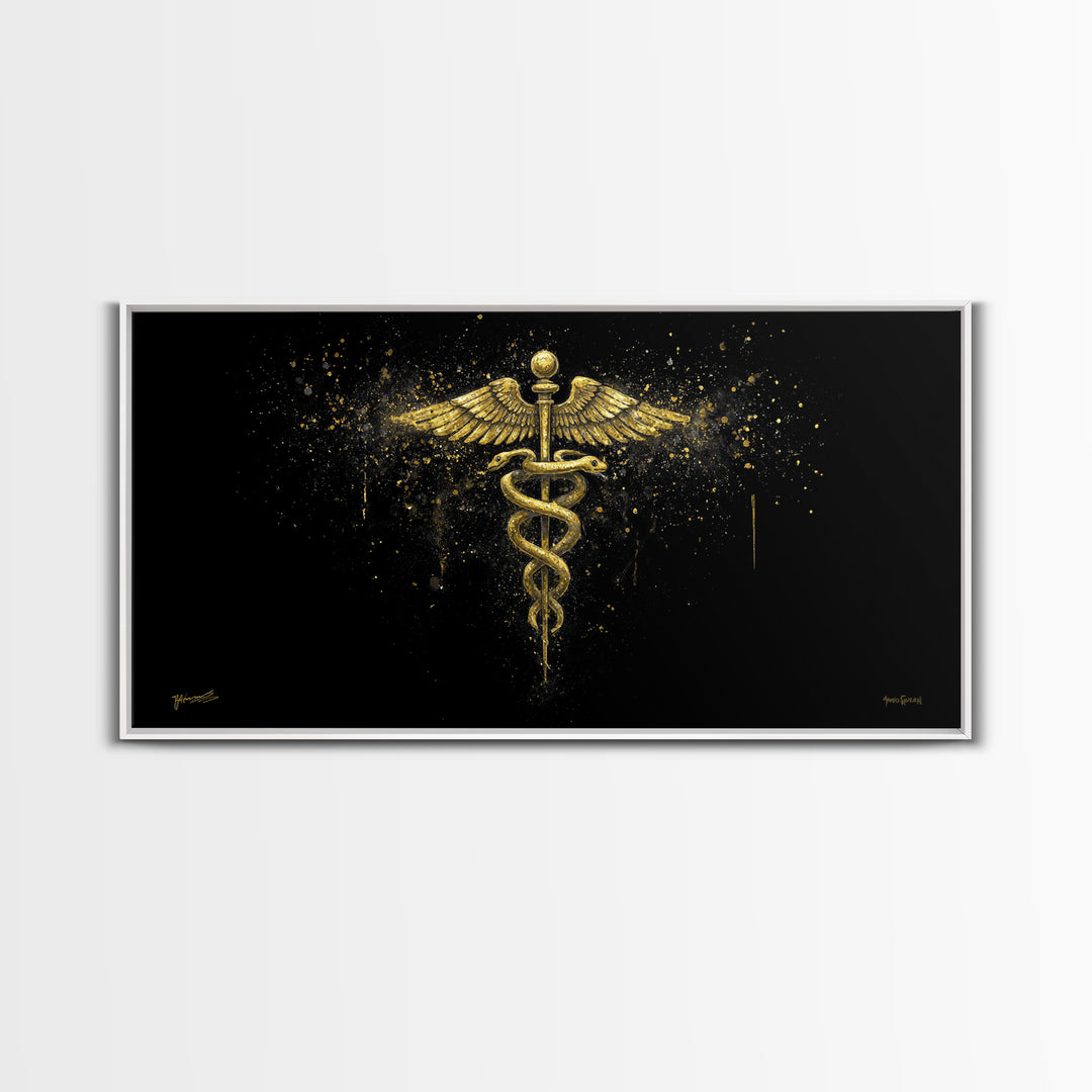 Gold Canvas Art Caduceus Medical Symbol, Splatter Background Art Style, Wood Framed Map Wall Décor for Healthcare, Classical Symbol Lovers