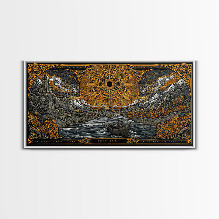 Gold Canvas Print Solar Eclipse Over Mountain Valley, Rowboats and Figures, Wood Framed Map Wall Art for Fantasy and Celestial Lovers