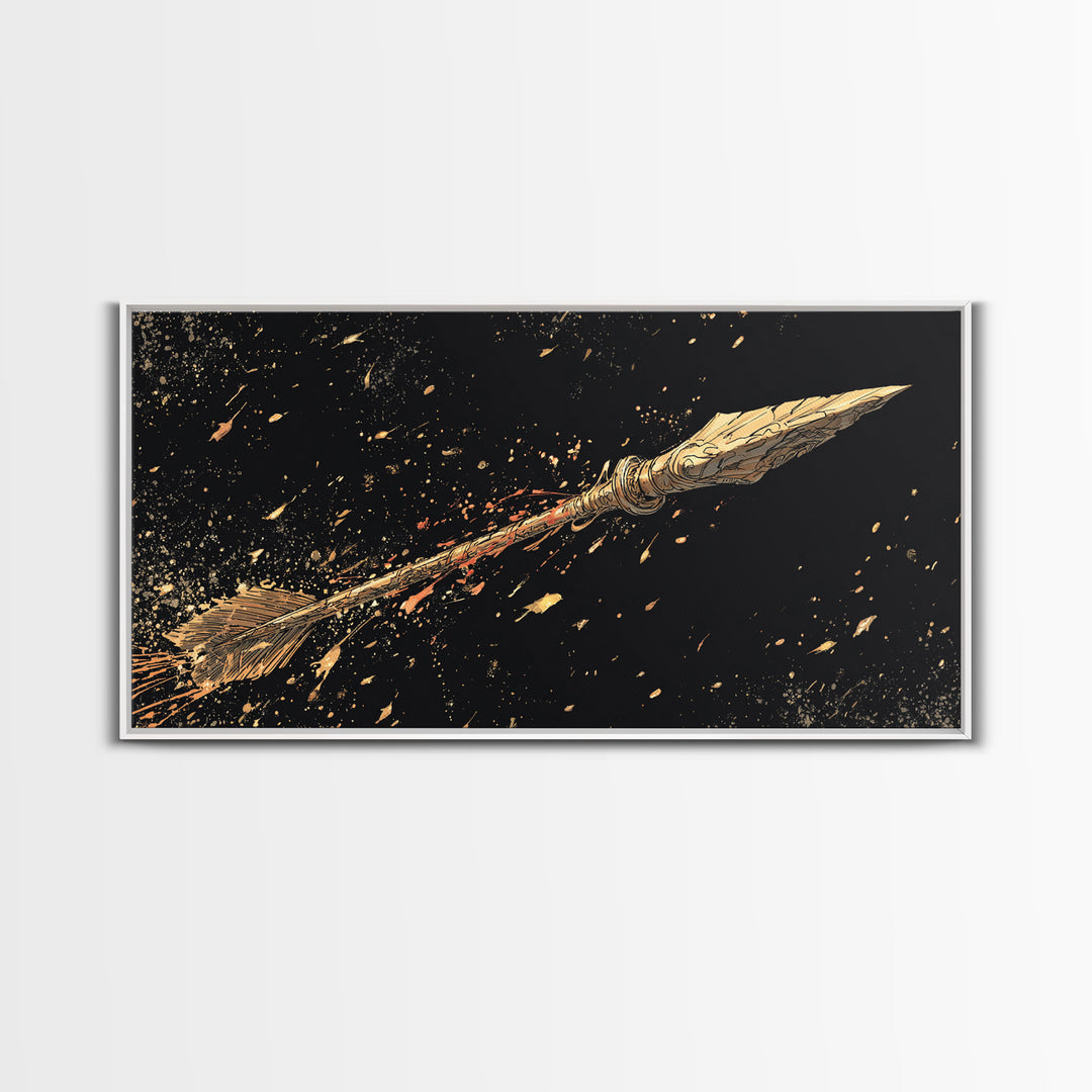 Golden Spear In Flight, Gold Canvas Print, Real Wood Frame, Dynamic Weapon Art, Mythology Inspired Wall Decor