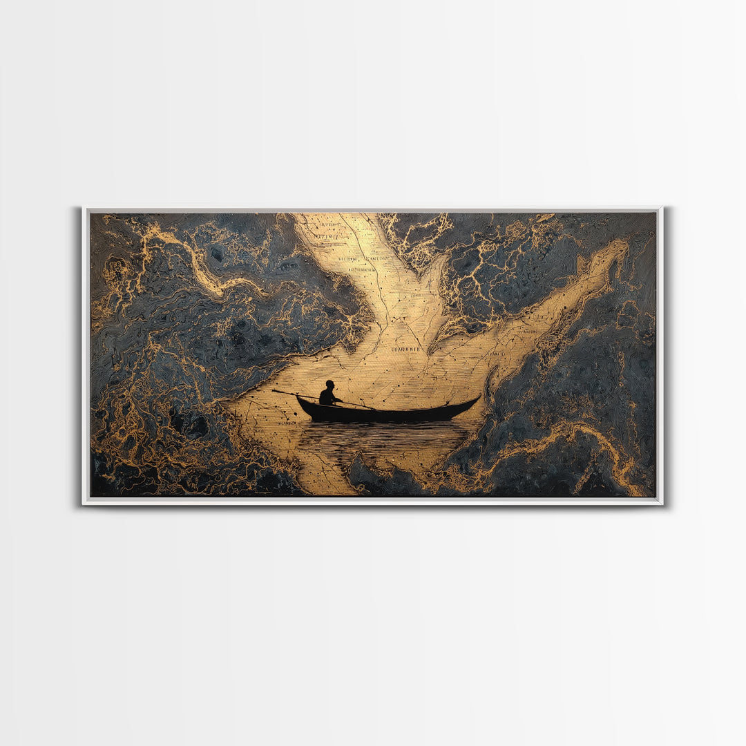 Gold Canvas Art Rowboat Silhouette Over Detailed Map Pattern, Reflective Water, Wood Framed Map Wall Décor, Nautical and Cartographic Fans