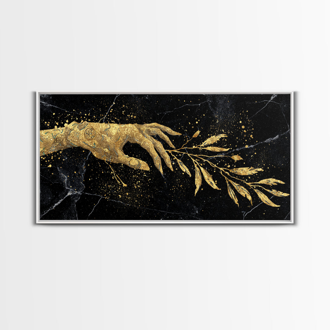 Gold Canvas Print Hand Offering Olive Branch, Splatter Art Marble Texture, Wood Framed Map Wall Art for Peace and Nature Symbolism