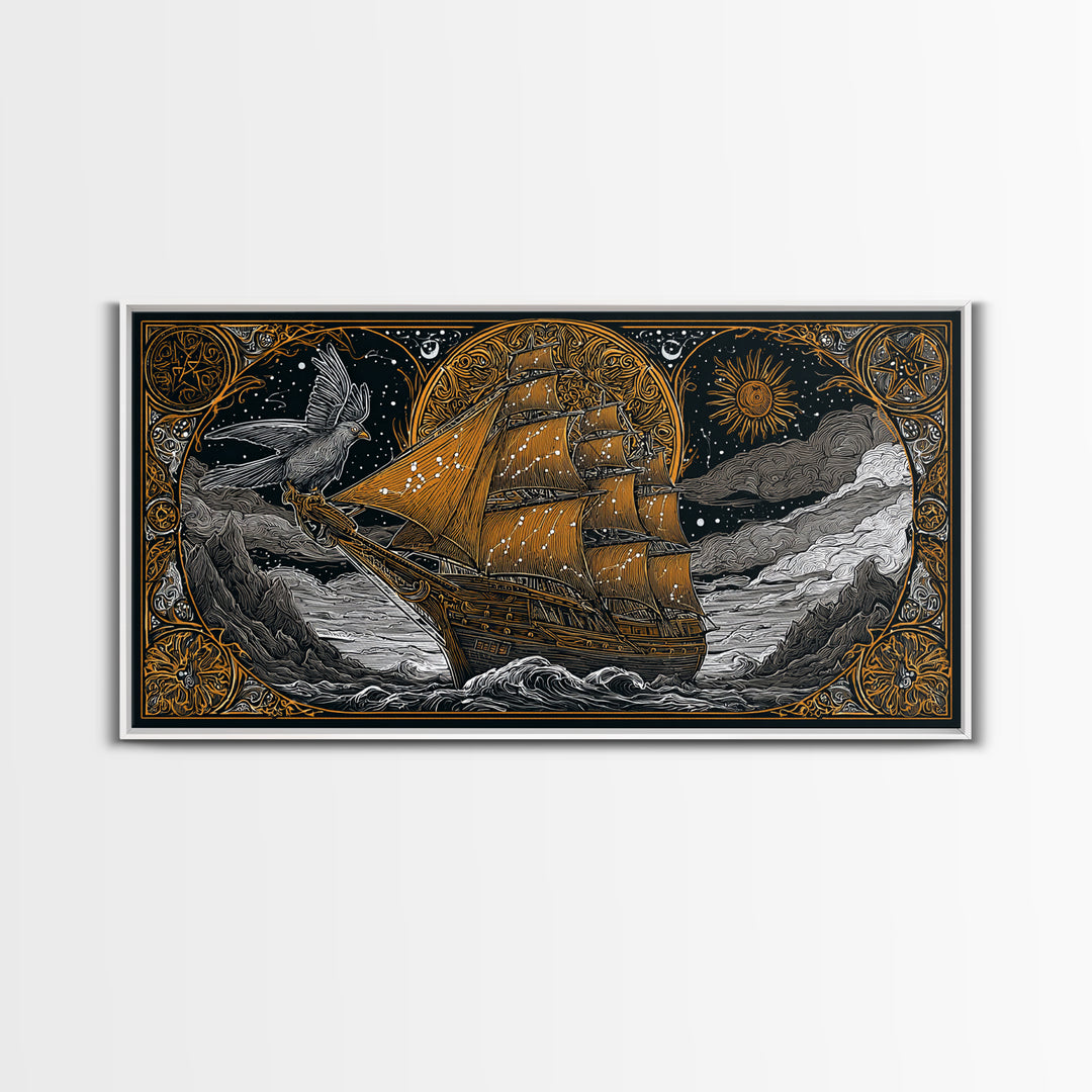 Gold Canvas Art Sailing Ship with Raven Figurehead, Starry Night and Waves, Wood Framed Map Wall Décor, Nautical and Mythic Voyage Lovers