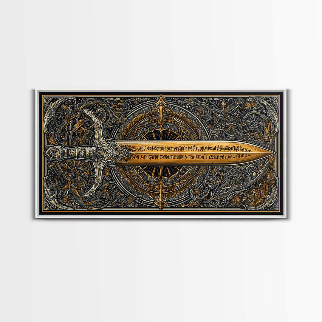 Gold Canvas Print of Ornate Sword and Compass Design, Engraved Blade and Decorative Frame, Wood Framed Map Wall Décor