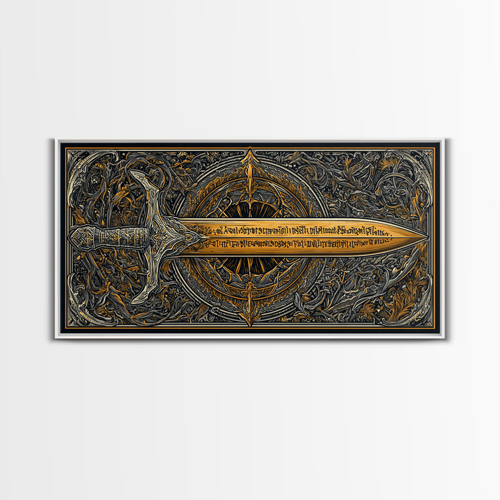 Gold Canvas Print of Ornate Sword and Compass Design, Engraved Blade and Decorative Frame, Wood Framed Map Wall Décor