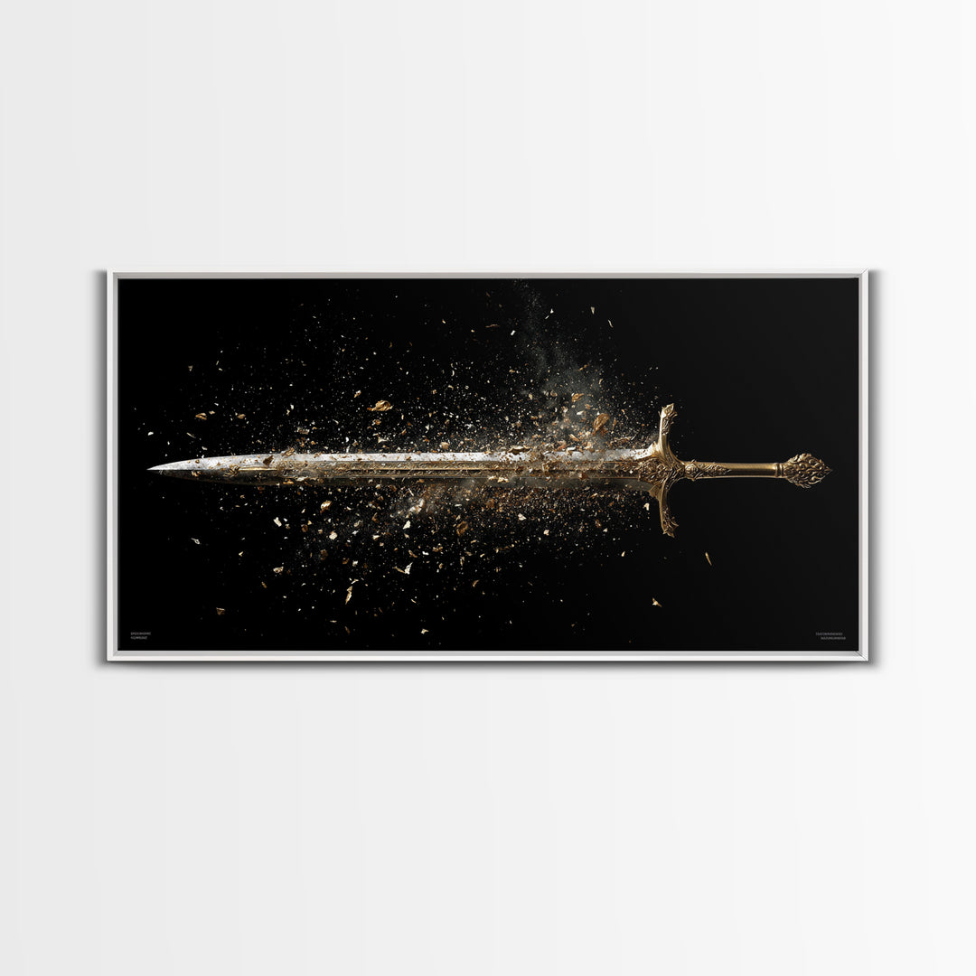 Gold Canvas Art of Shattering Sword in Mid-Air, Detailed Blade Explosion and Dark Background, Wood Framed Map Wall Art Display