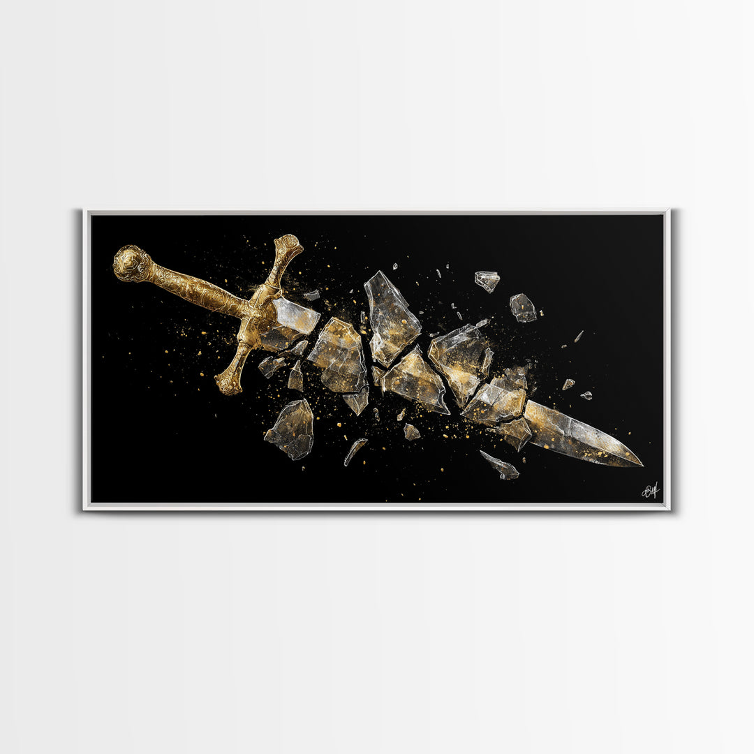 Gold Canvas Print of Broken Sword in Fragments, Detailed Golden Hilt and Blade Shards, Wood Framed Map Wall Décor Accent