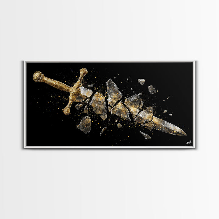 Gold Canvas Print of Broken Sword in Fragments, Detailed Golden Hilt and Blade Shards, Wood Framed Map Wall Décor Accent