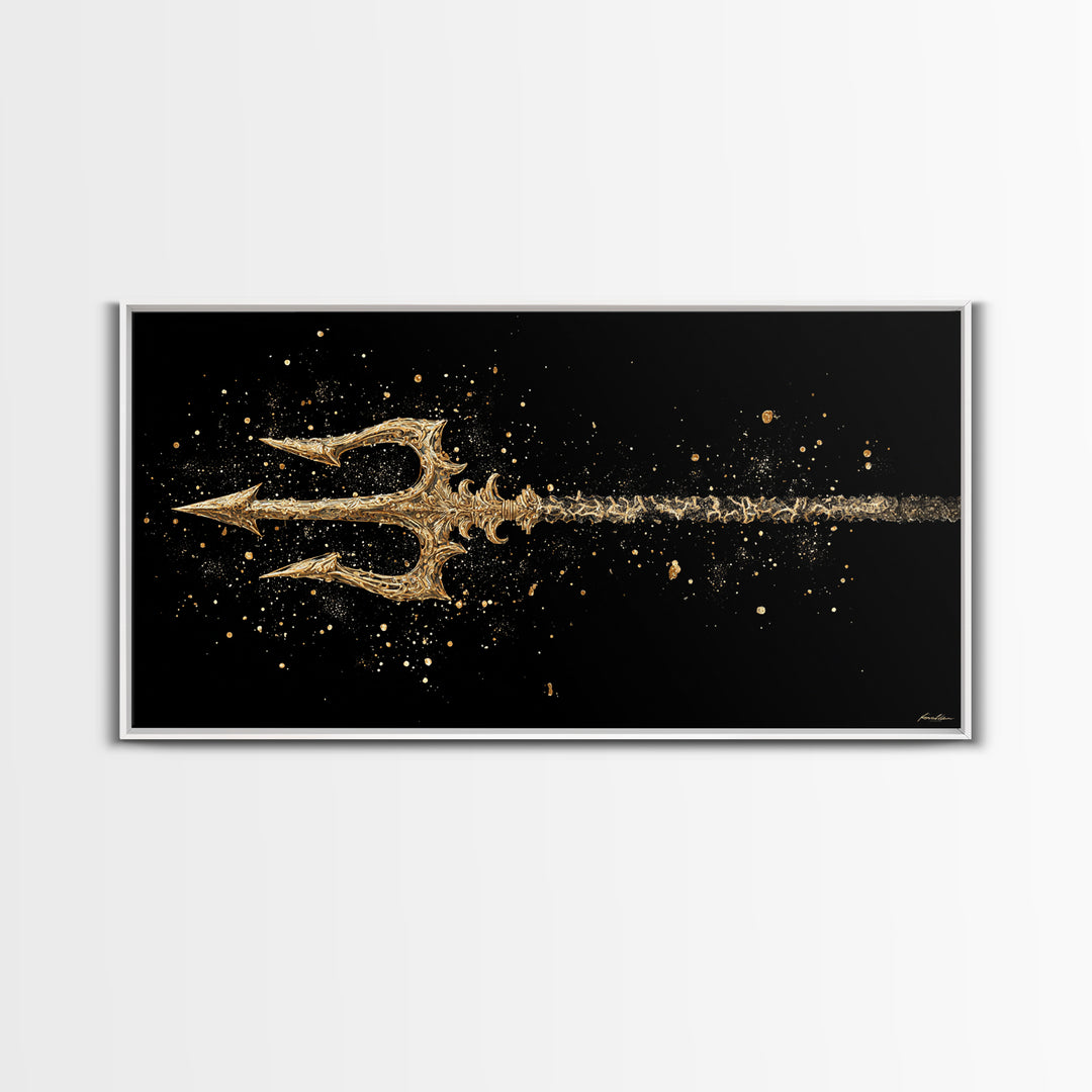 Gold Canvas Art of Decorative Trident in Motion, Splatter Effect on Black Background, Wood Framed Map Wall Art for Nautical Themes