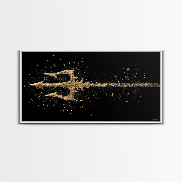 Gold Canvas Art of Decorative Trident in Motion, Splatter Effect on Black Background, Wood Framed Map Wall Art for Nautical Themes