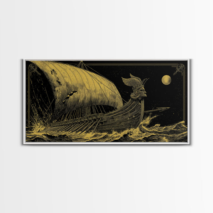 Gold Canvas Print of Ancient Greek Warship at Sea, Detailed Engraving Style and Waves, Wood Framed Map Wall Art for History