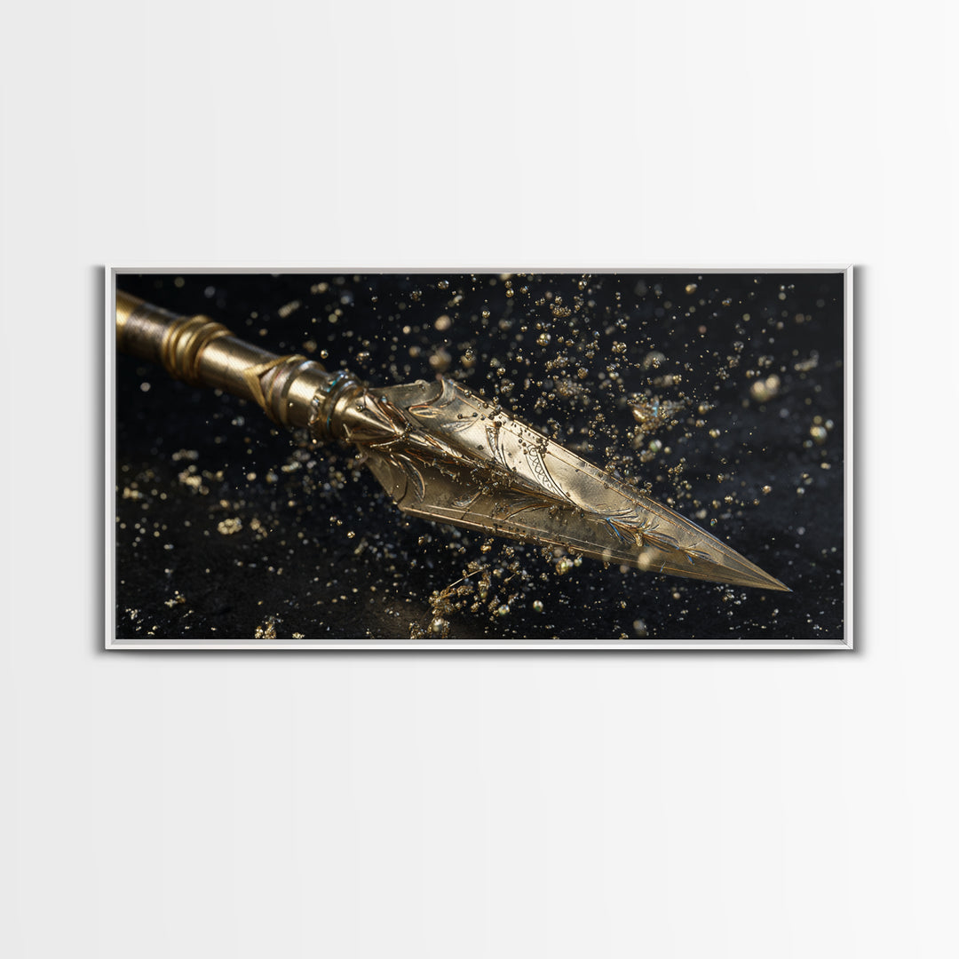 Ornate Golden Spearhead, Gold Canvas Art, Real Wood Frame, Close-Up Weapon Detail, Mythology Inspired Wall Decor