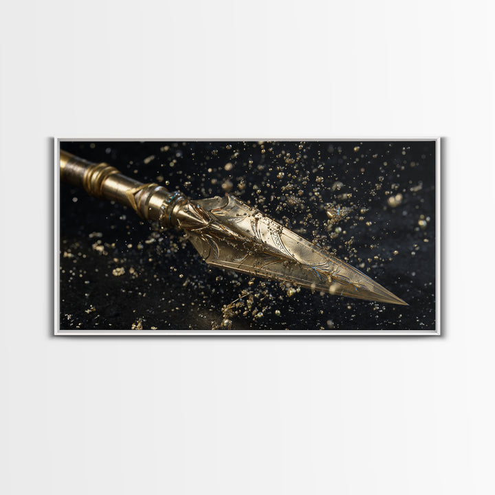 Ornate Golden Spearhead, Gold Canvas Art, Real Wood Frame, Close-Up Weapon Detail, Mythology Inspired Wall Decor