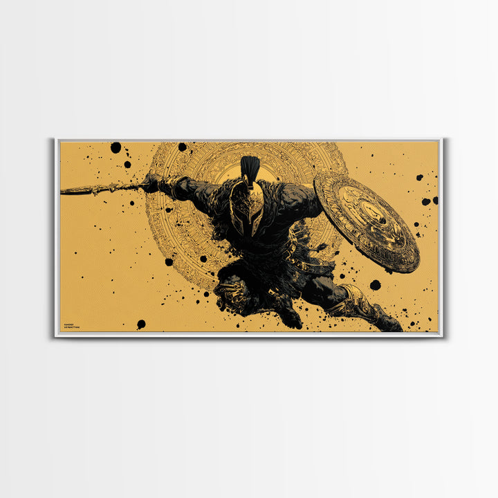 Gold Canvas Art of Spartan Soldier Leaping Forward with Spear and Shield, Decorative Armor and Mandala, Wood Framed Map Wall Décor