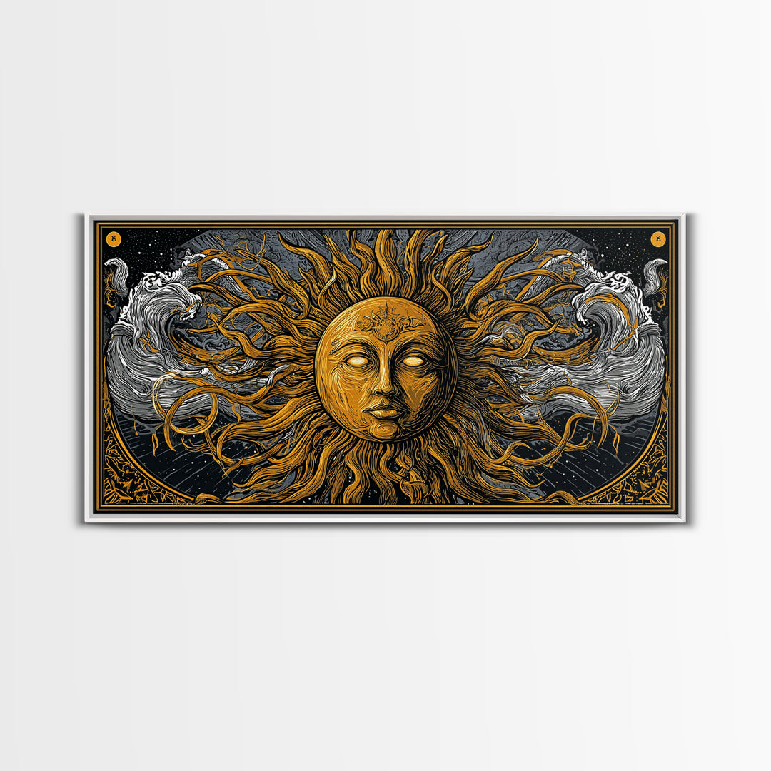 Gold Canvas Print of Sun Face with Flowing Hair and Ocean Waves, Detailed Mythological Design, Wood Framed Map Wall Décor