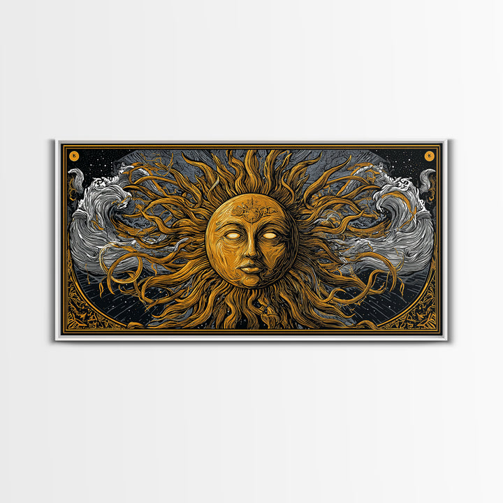 Gold Canvas Print of Sun Face with Flowing Hair and Ocean Waves, Detailed Mythological Design, Wood Framed Map Wall Décor