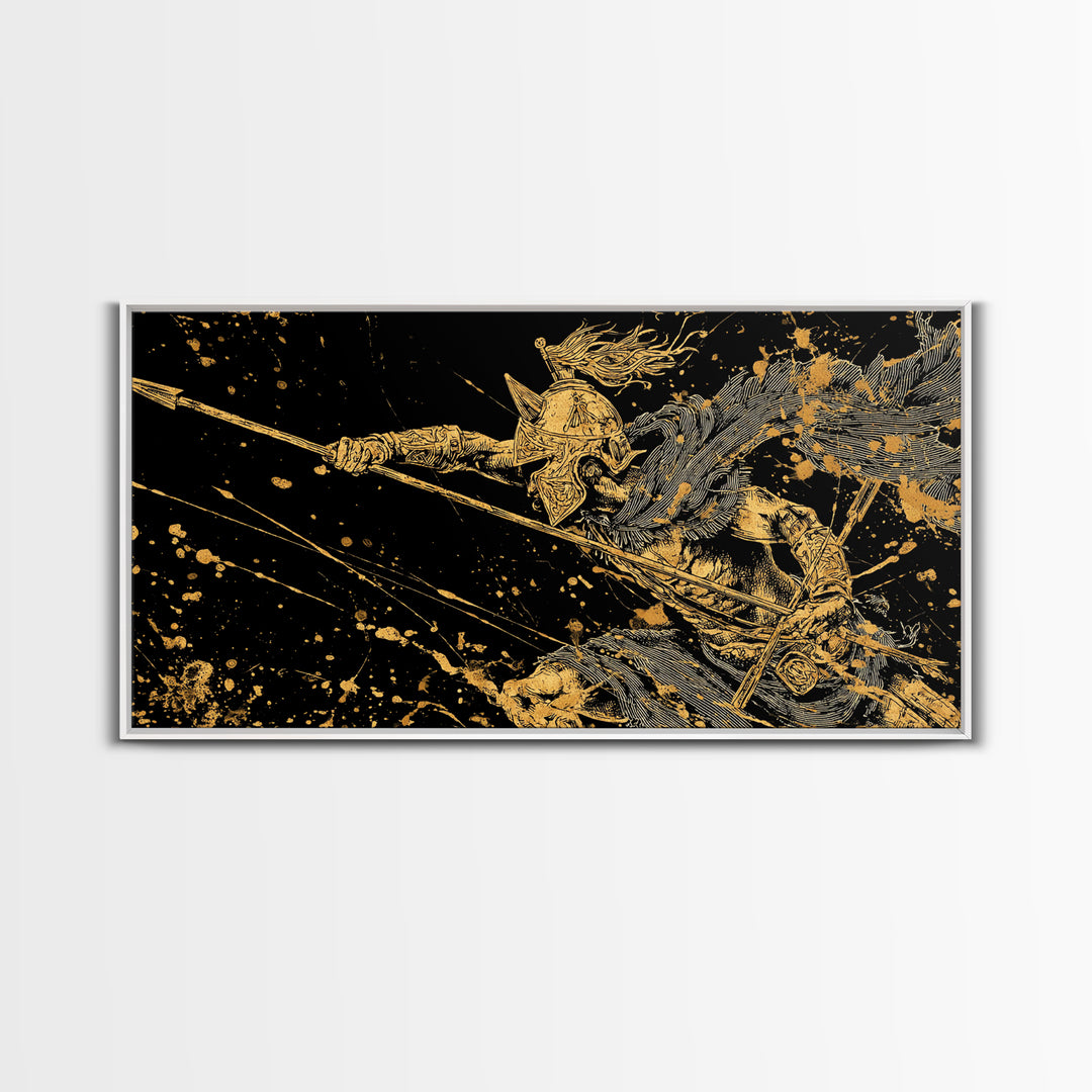 Gold Canvas Art of Warrior with Flowing Cape and Spear, Ornate Armor and Dynamic Battle Pose, Wood Framed Map Wall Art for History