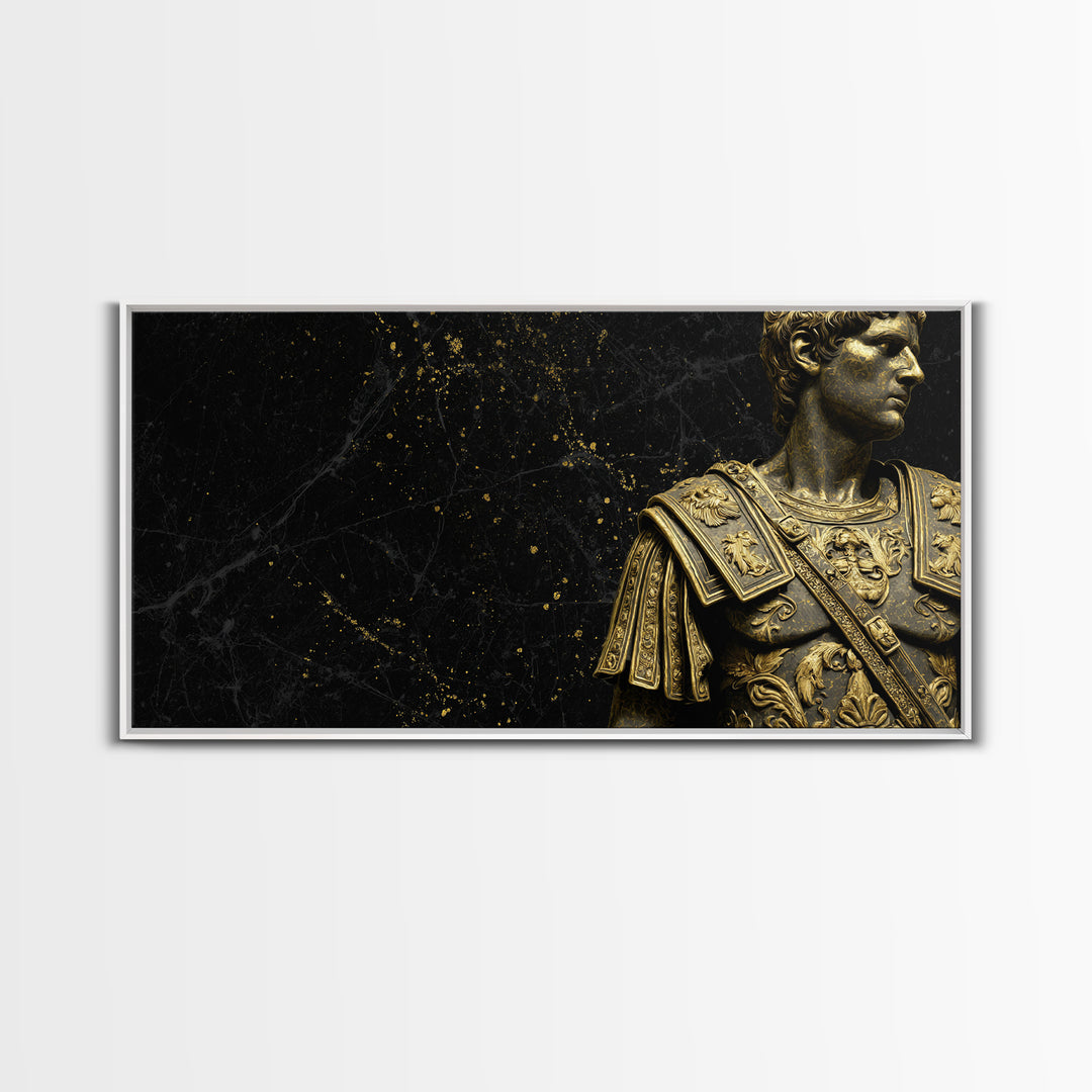 Ancient Roman Emperor Statue Gold Canvas Print, Luxurious Black Marble Background, Classical Warrior Art, Regal Home Decor