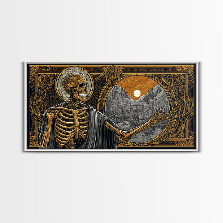 Skeleton Pointing to Ancient Arena Gold Canvas Art, Gothic Medieval Scene, Ornate Frame Design, Dark Fantasy Wall Decor