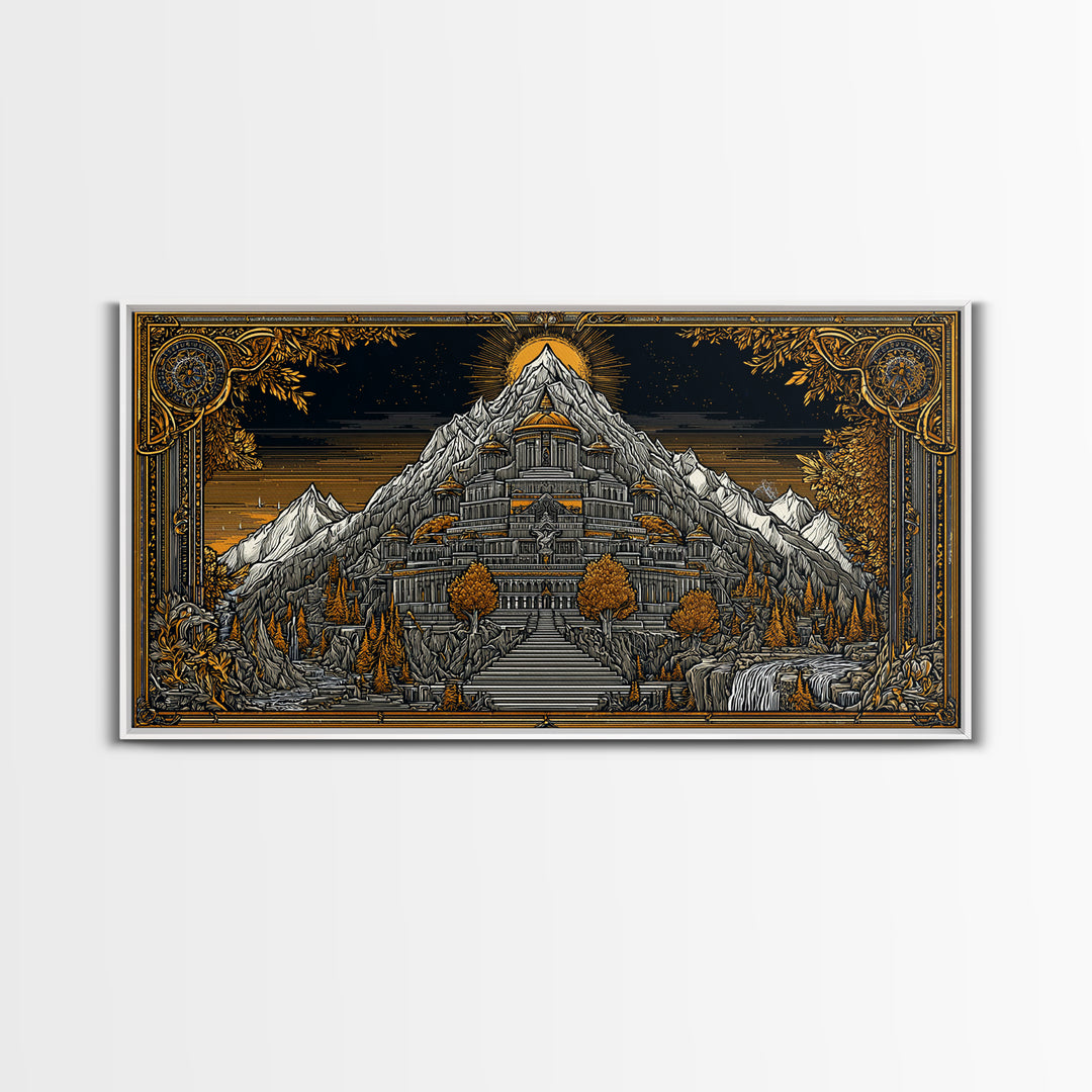 Mythical Mountain Fortress Gold Canvas Art, Grand Palace in Majestic Peaks, Fantasy Landscape Illustration, Epic Home Wall Decor