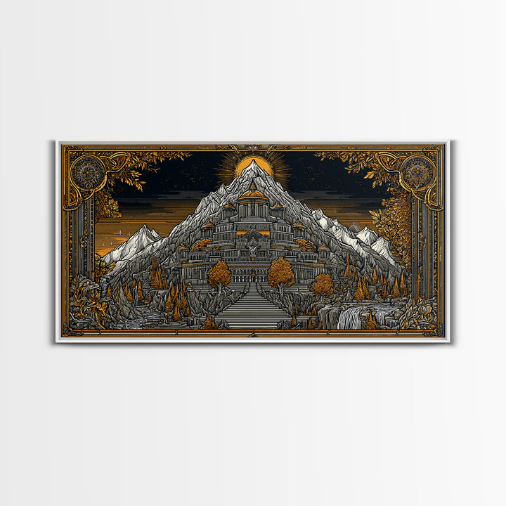 Mythical Mountain Fortress Gold Canvas Art, Grand Palace in Majestic Peaks, Fantasy Landscape Illustration, Epic Home Wall Decor