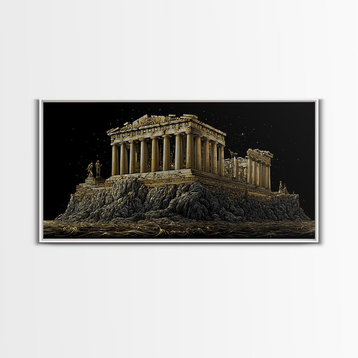 Ancient Greek Temple on Rocky Shore Gold Canvas Print, Classical Architecture Illustration, Historic Landmark Wall Art