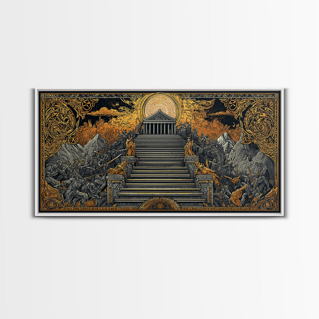 Mythic Battle at Temple Stairs Gold Canvas Art, Epic Fantasy Scene, Heroic Warriors and Gods, Dramatic Home Wall Decor
