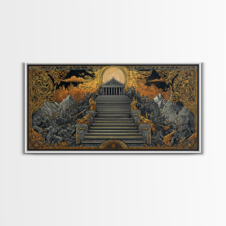 Mythic Battle at Temple Stairs Gold Canvas Art, Epic Fantasy Scene, Heroic Warriors and Gods, Dramatic Home Wall Decor