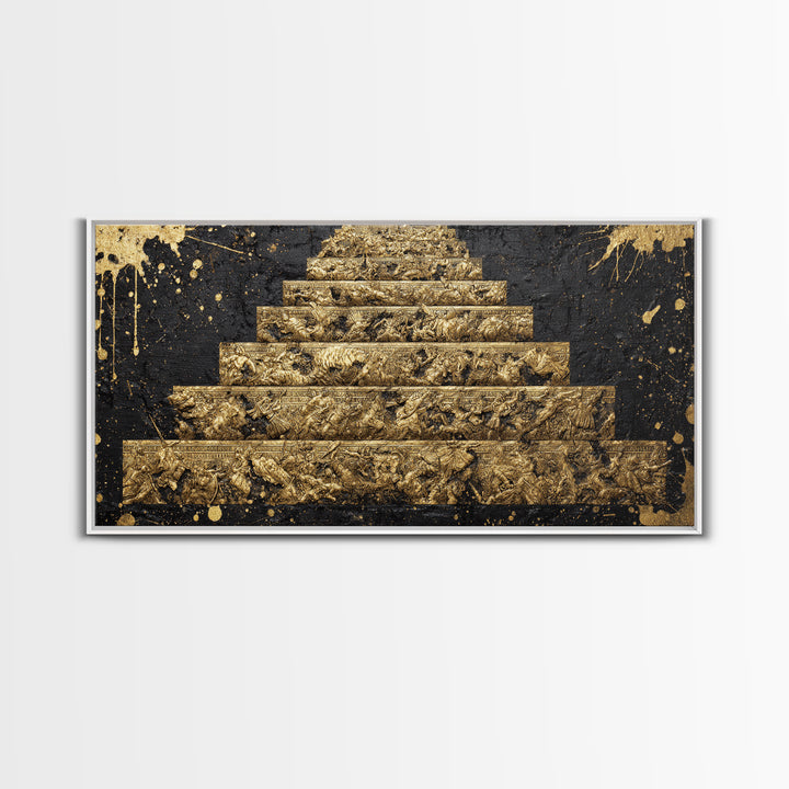 Ancient War Scene on Pyramid Steps Gold Canvas Print, Historic Battle Relief Sculpture, Regal Classical Home Art