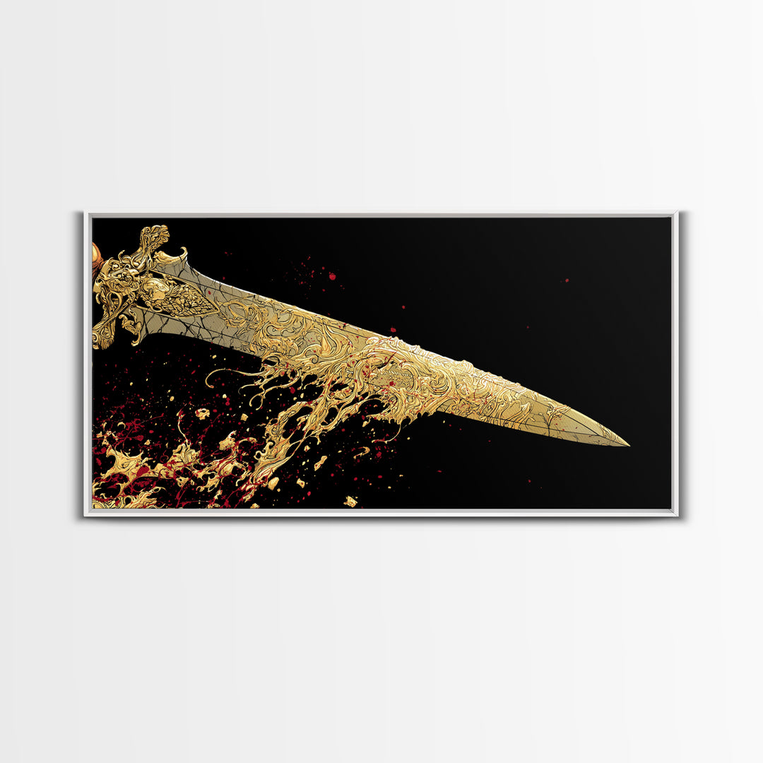 Golden Ornate Sword, Gold Canvas Print, Real Wood Frame, Dramatic Fantasy Weapon Art, Mythology Wall Decor