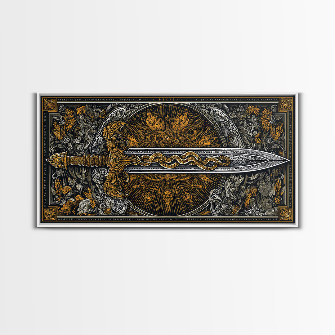 Intricate Sword with Serpent Design Gold Canvas Art, Fantasy Weapon Illustration, Ornate Blade Wall Decor for Collectors