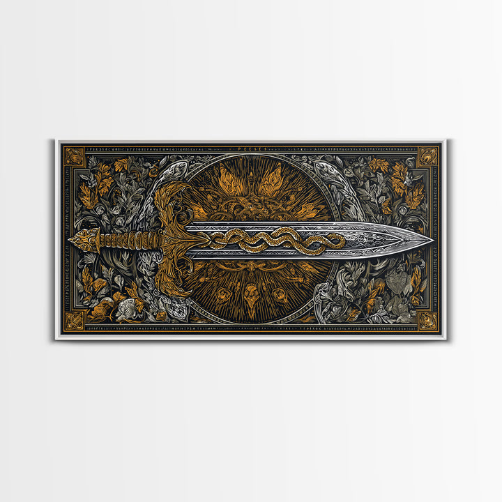 Intricate Sword with Serpent Design Gold Canvas Art, Fantasy Weapon Illustration, Ornate Blade Wall Decor for Collectors