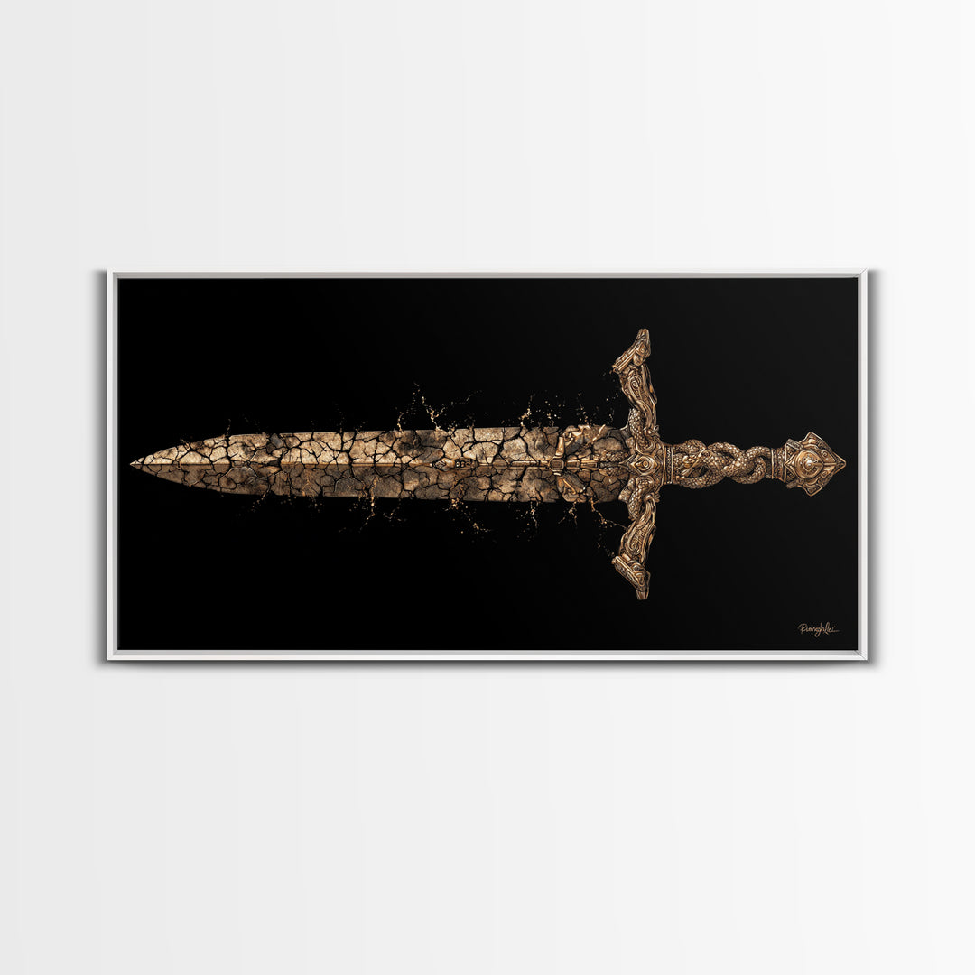 Cracked Ancient Sword Gold Canvas Print, Legendary Fantasy Weapon, Weathered Epic Blade, Gothic Home Wall Art