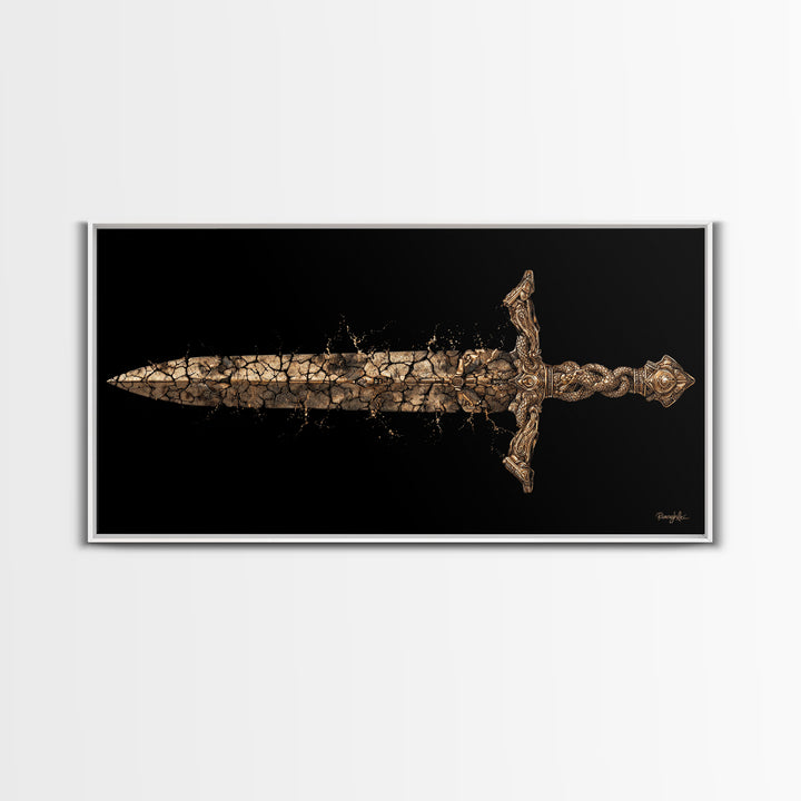 Cracked Ancient Sword Gold Canvas Print, Legendary Fantasy Weapon, Weathered Epic Blade, Gothic Home Wall Art