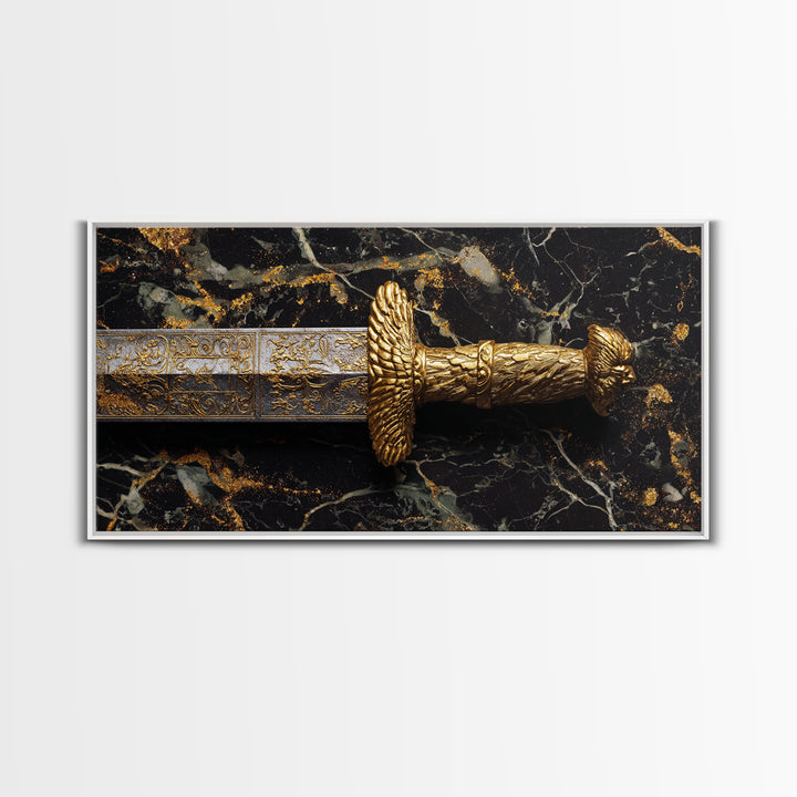 Golden Sword Hilt with Lion Design Gold Canvas Art, Ornate Weapon Photography, Luxurious Warrior Decor, Classical Battle Theme